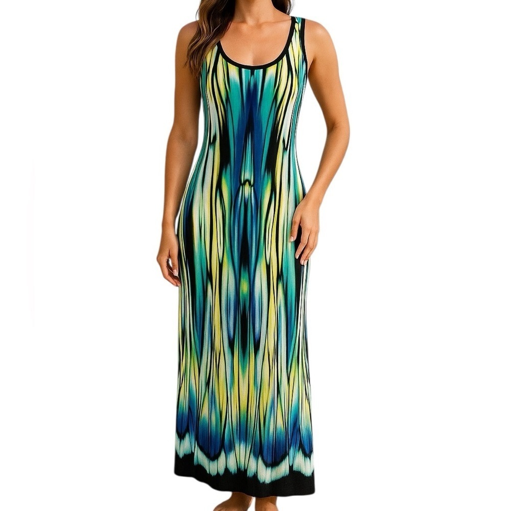 Roz & Ali Size 10 Petite Tank Sleeveless Maxi Dress Watercolor Coastal Beach
